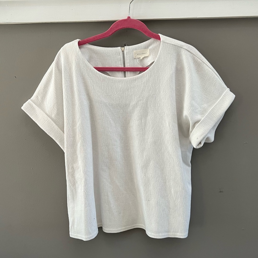 Melloday ivory / white crepe blouse short sleeve zipper back